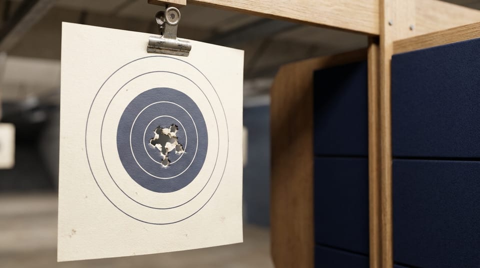 A plain paper target of concentric rings with a tight group of holes in the centre, hanging from a lane clip under soft range lighting.