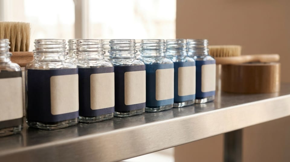 A neat row of small ink bottles with blank labels on a steel shelf in a tattoo studio, soft light.