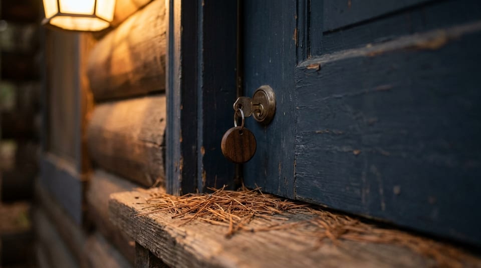 A key on a wooden fob in the lock of a cabin door, warm porch light, pine needles on the step.