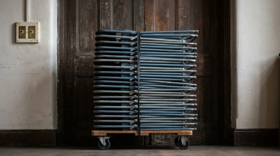 A tall stack of folding chairs on a trolley in front of the closed double doors of a community hall, a light-switch panel on the wall.