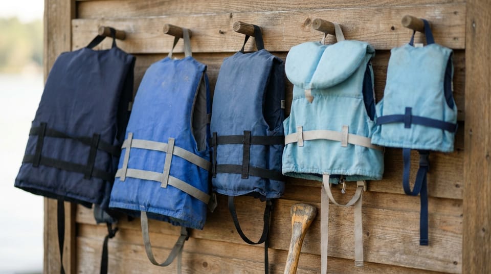 A row of life jackets in graded sizes, from adult down to a small child's, hanging on wooden pegs along a timber wall at a river outfitter.