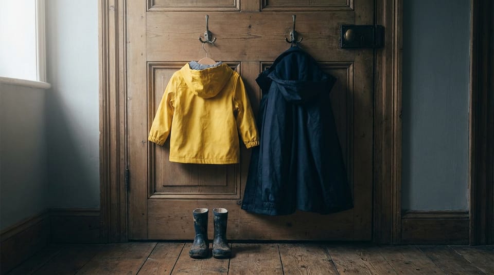 A child's small yellow rain jacket and an adult's navy jacket hanging side by side on two hooks by a wooden door, a small pair of rubber boots on the floor below.