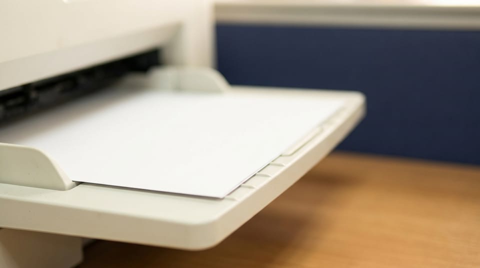 A single freshly printed page resting in the output tray of an office printer, the printer's pale plastic edge in focus.