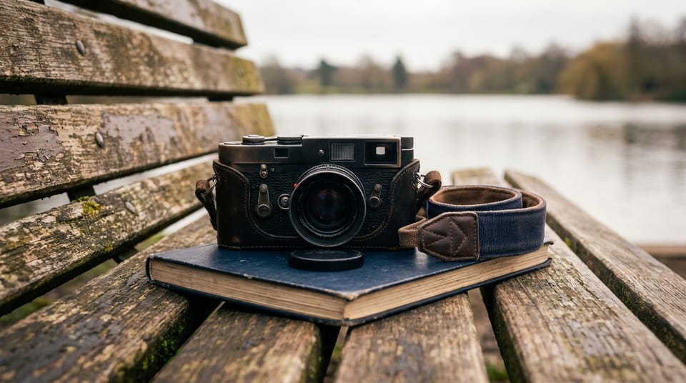 A camera with its strap resting on a closed notebook on a weathered bench by a lake.