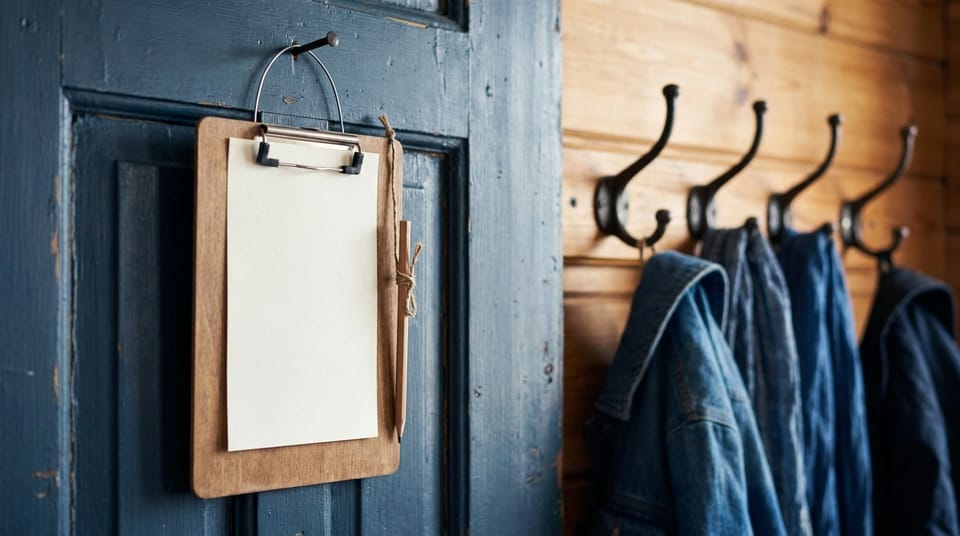 A clipboard hanging on a nail beside a staff-room door holding one plain white page, a pen tied to it with string, a row of coat hooks beside.