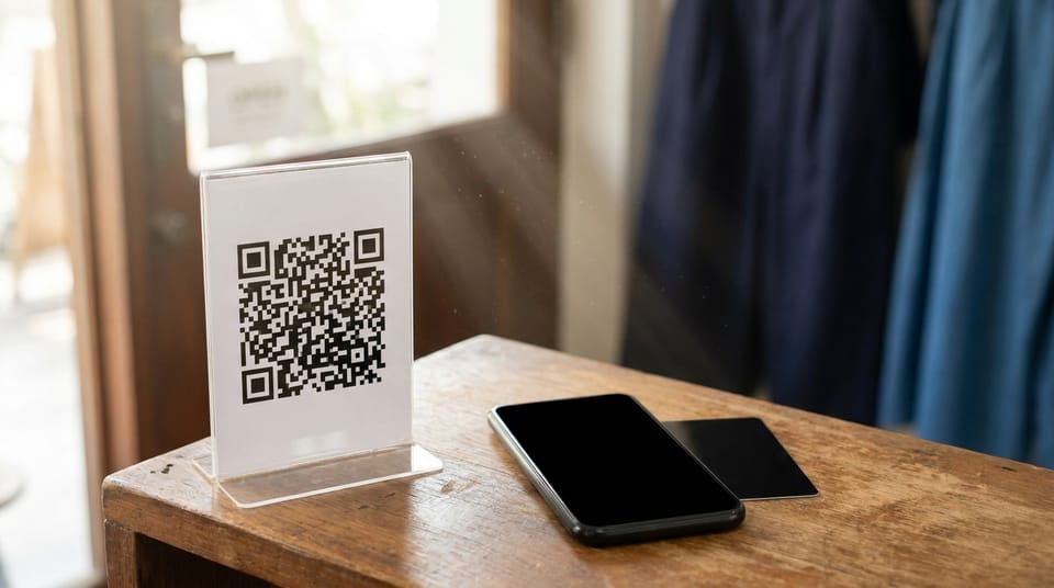 A small clear acrylic stand on a wooden counter by a shop door holding a printed QR code, a dark switched-off phone lying beside it, sunlight.