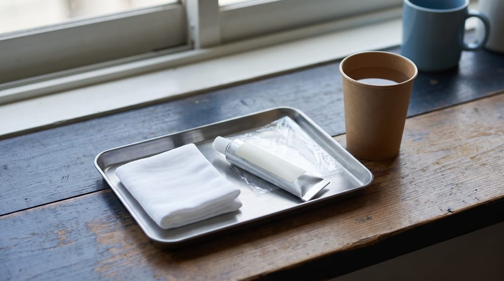 A folded white cloth, a sealed tube with a blank label and a square of film on a steel tray on a timber counter, a paper cup of water beside them.