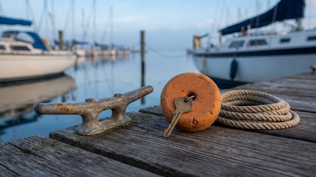 A galvanised dock cleat, a single key on an orange foam float and a coiled line on weathered planks, moored boats and calm water behind.