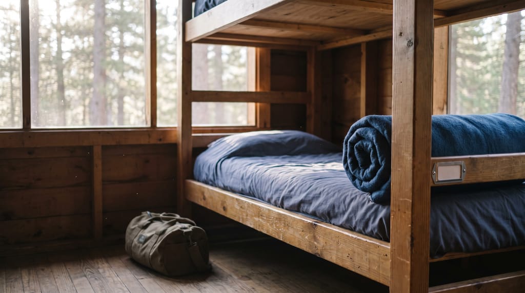 An empty timber bunk in a camp cabin with a rolled blanket at its foot, a small duffel on the floor and a blank name-card holder on the post, pines through the window.