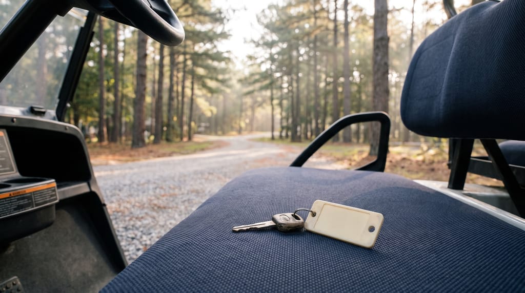 A golf cart key with a blank tag lying on the seat of a parked cart, a gravel campground road and pines beyond.