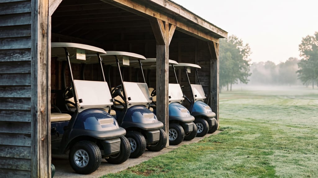 A line of golf carts parked nose-in under a timber cart barn at first light, wet fairway grass beyond the open bay.