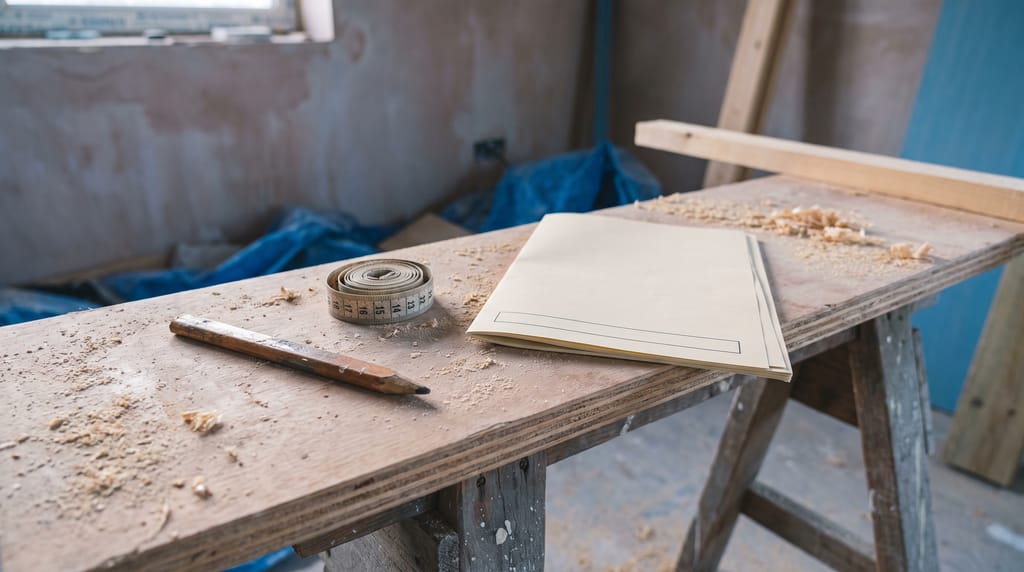 A carpenter's pencil, a tape measure and a few unbound printed sheets on a sawhorse in a room mid-renovation, sawdust on the plywood.