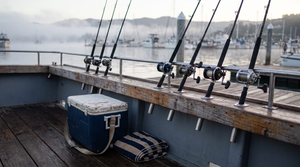 A row of fishing rods in rail holders along the gunwale of a charter boat at the dock, a cooler and folded towels on the deck, mist over the harbour.