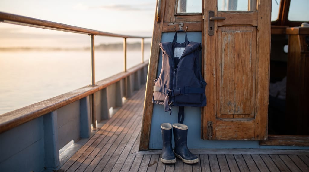 A small navy life jacket hanging by a boat's cabin door with a pair of small rubber boots below, the deck and rail beyond in early light.