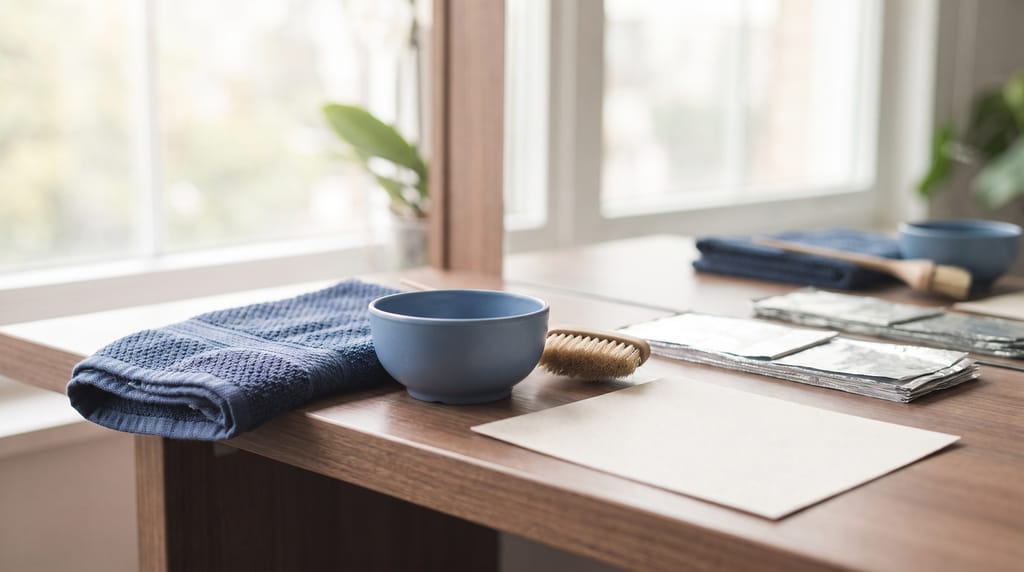 A colour bowl, a tint brush, a folded towel and a row of foils beside a blank card on a salon counter under a window.