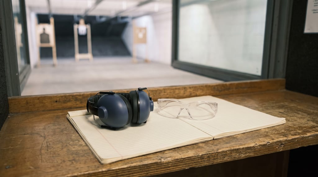 A small pair of ear defenders and safety glasses set on a blank ruled pad on a timber counter, an empty lane soft behind glass.