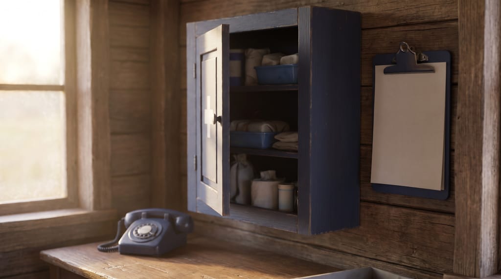 A wall-mounted first-aid cabinet in a timber camp office with its door open, a blank clipboard beside it and a landline phone on the desk below.