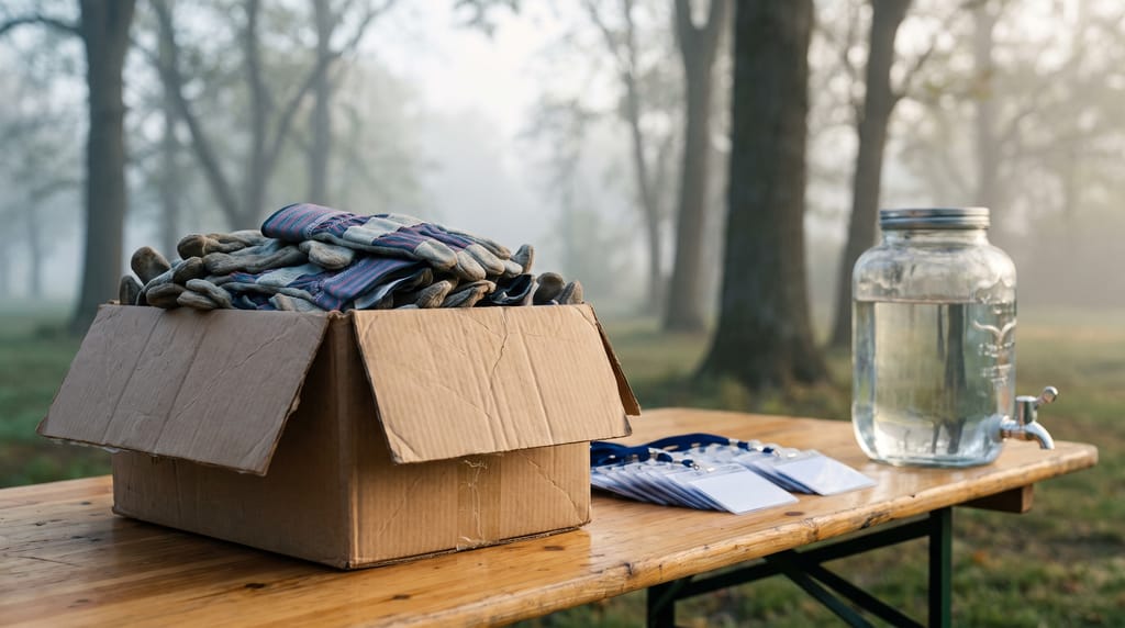 A cardboard box of work gloves, a stack of blank badges and a water dispenser on a trestle table in a misty park at morning.