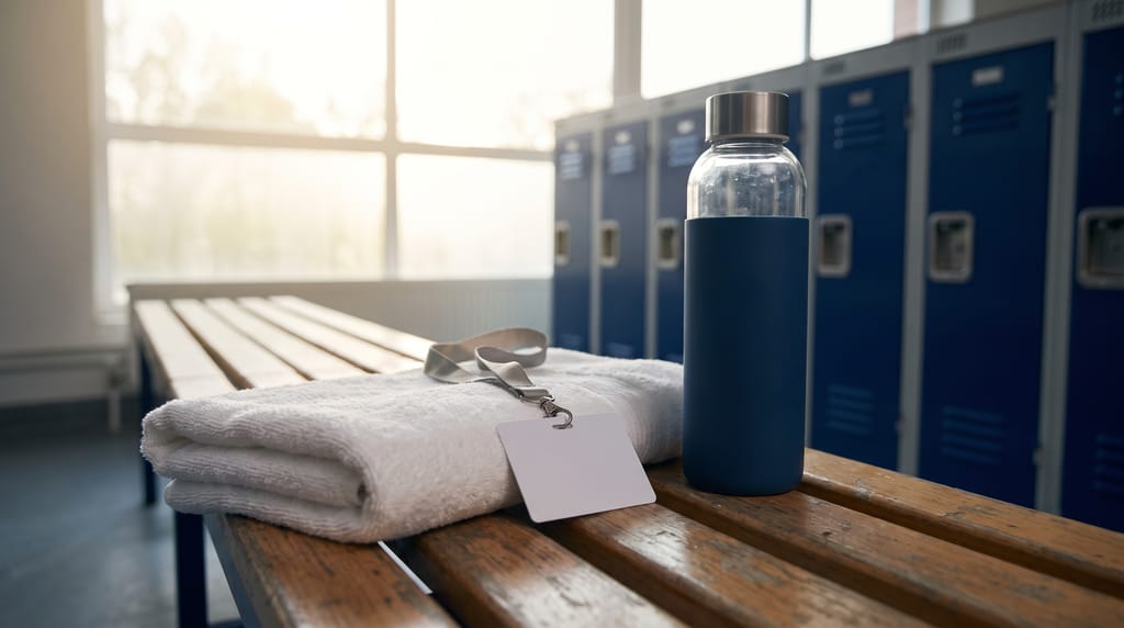 A folded white towel, a lanyard with a blank card and a water bottle on a wooden bench in a bright changing room, navy lockers behind.
