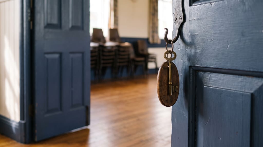 A single brass key on a wooden fob hanging from a hook beside the door of a community hall, stacked chairs and a polished floor through the doorway.