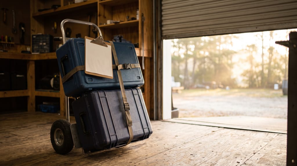A hand truck loaded with two strapped equipment cases and a blank clipboard at the open loading door of a rental shop, morning light outside.