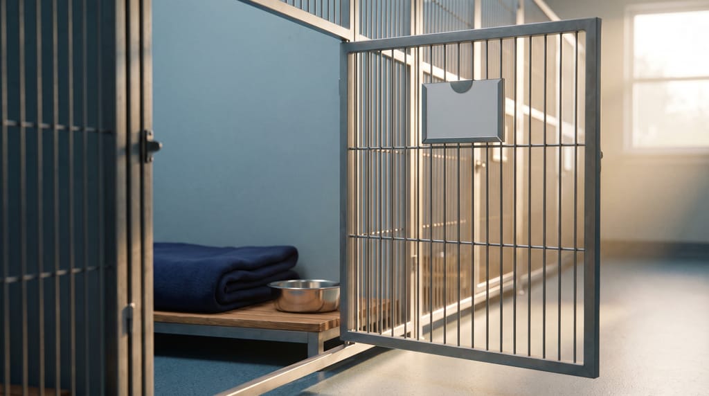 A clean kennel with its gate open, a folded blanket, a steel water bowl and a blank name card in the holder on the door.