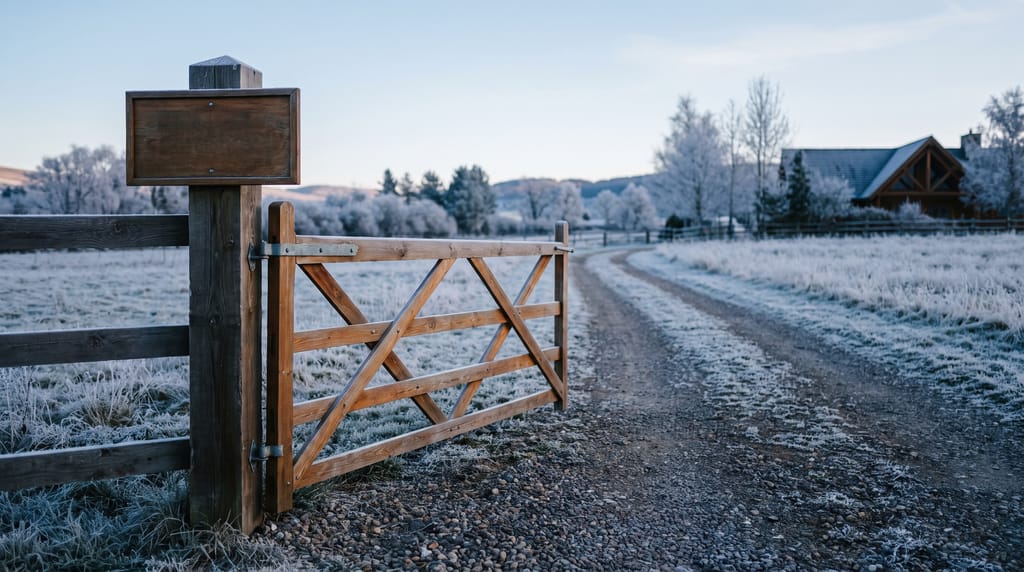 A timber ranch gate standing open on a frosted gravel track with a blank sign board on the post, a lodge roof in the distance.