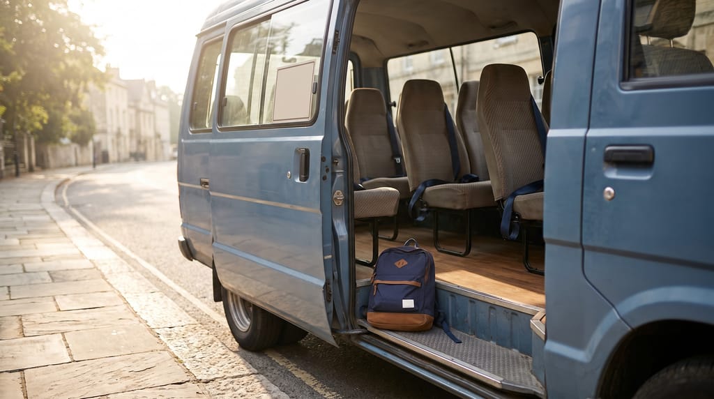 The open sliding door of a blue minibus at a kerb, a row of empty seats with lap belts and a small backpack on the step.