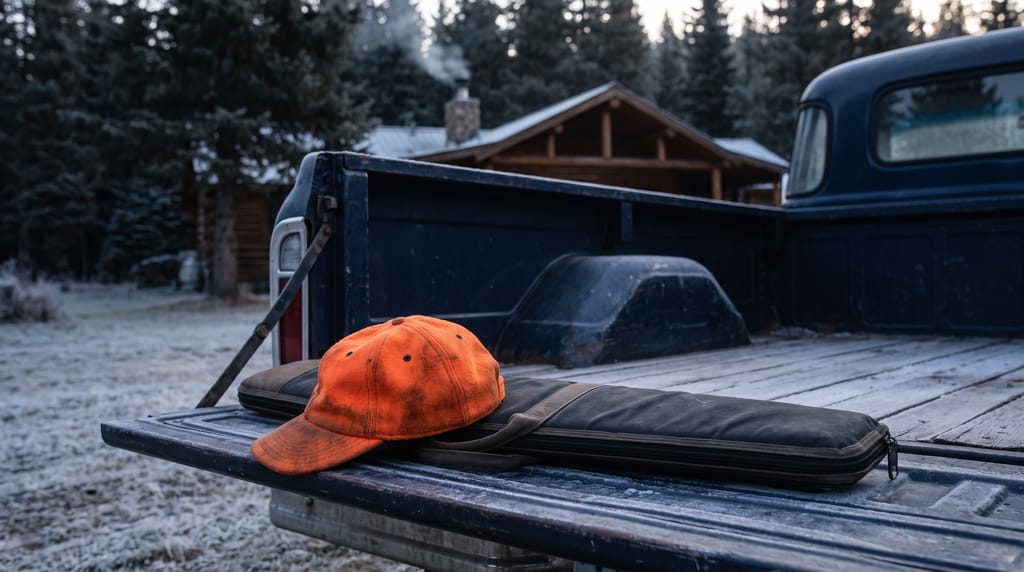 A blaze-orange cap and a zipped rifle case laid on the tailgate of a pickup outside a timber lodge, frost on the ground.