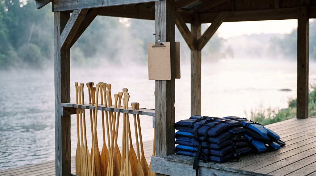 A rack of wooden paddles and a stack of folded life jackets under an open timber shelter at a river outfitter, a blank clipboard hanging from a nail.