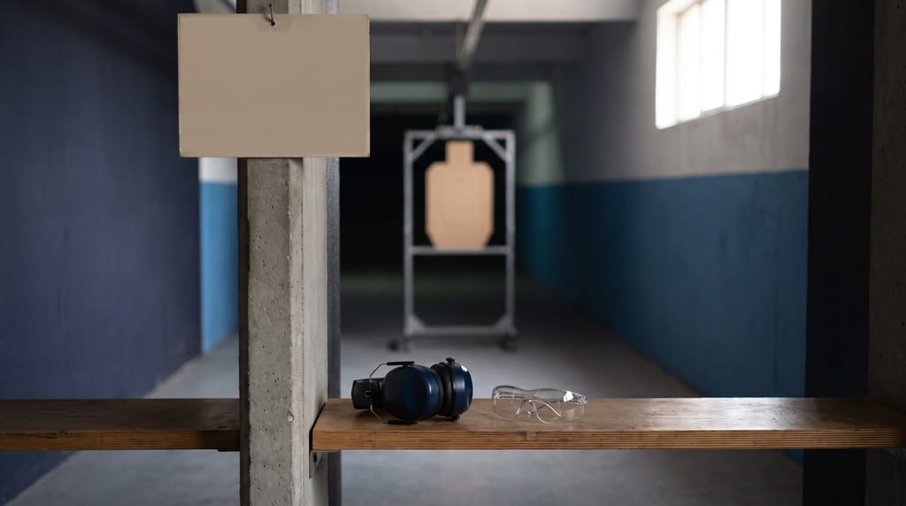 An empty indoor shooting lane from the firing point: ear defenders and safety glasses on the bench, a blank placard, the target carrier far down the lane.