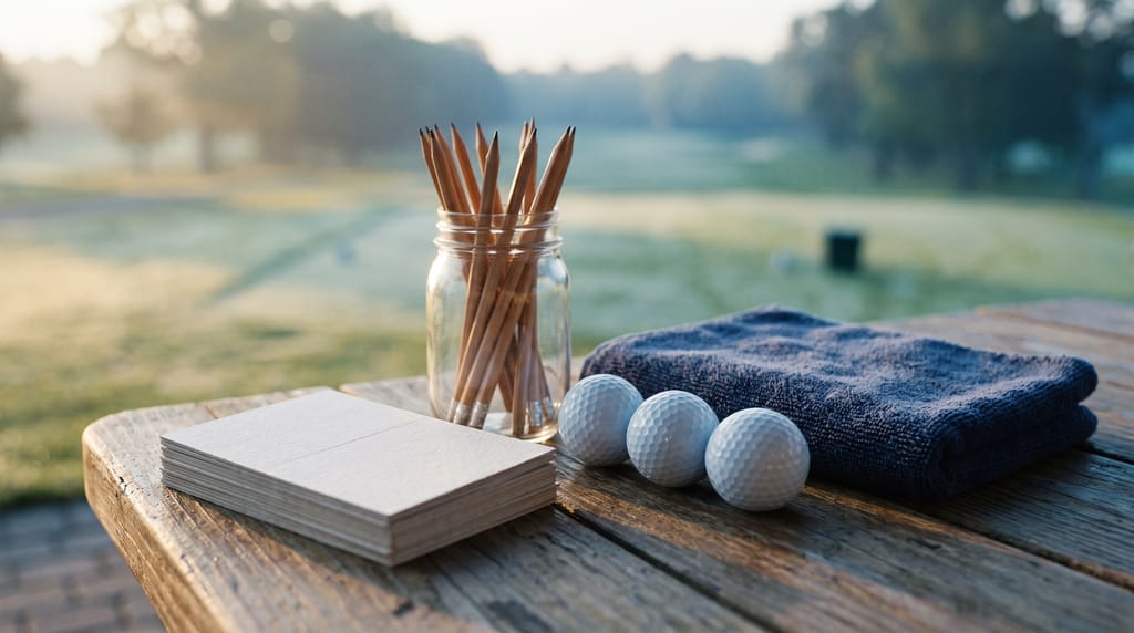 A stack of blank cards, a jar of pencils, golf balls and a folded towel on a timber table on a clubhouse patio at dawn, the course soft behind.