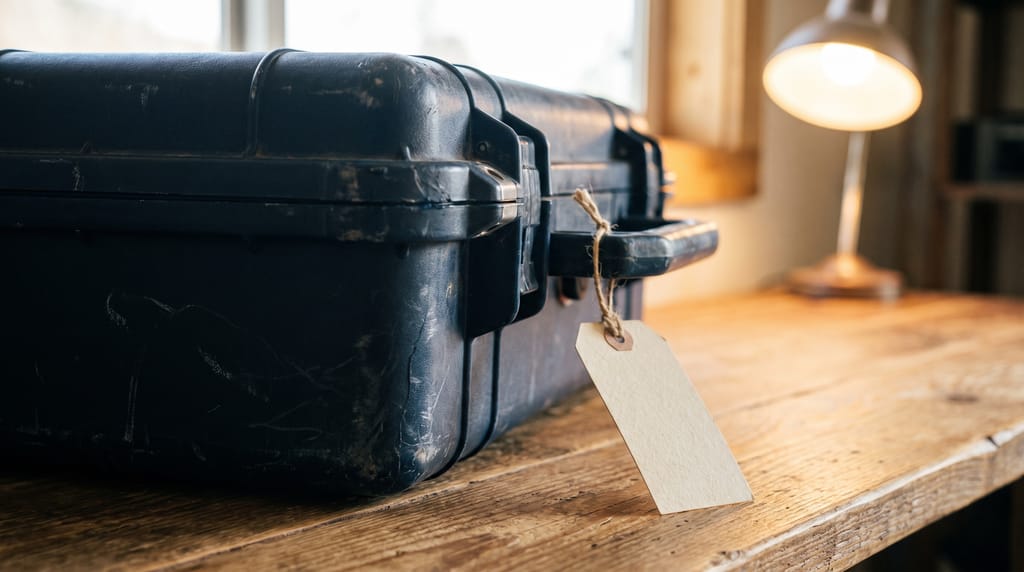 A close view of the scuffed corner of a hard equipment case with a blank paper tag tied to the handle, on a timber counter under a lamp.