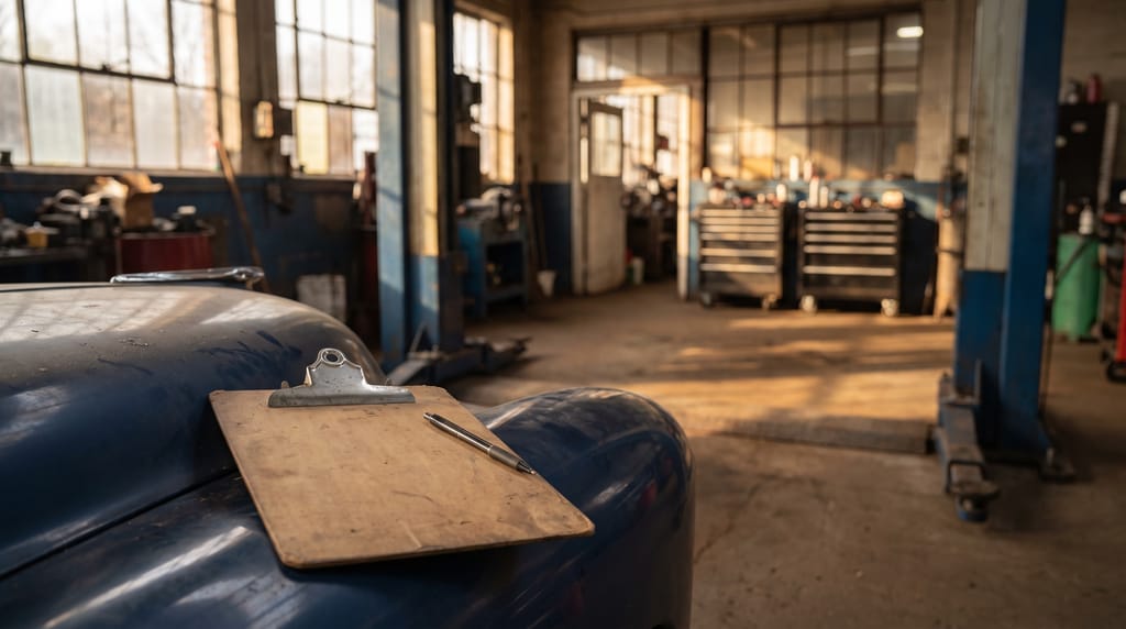 A blank clipboard and a pen resting on the front wing of a car in a repair shop, an open bay with tool chests beyond.