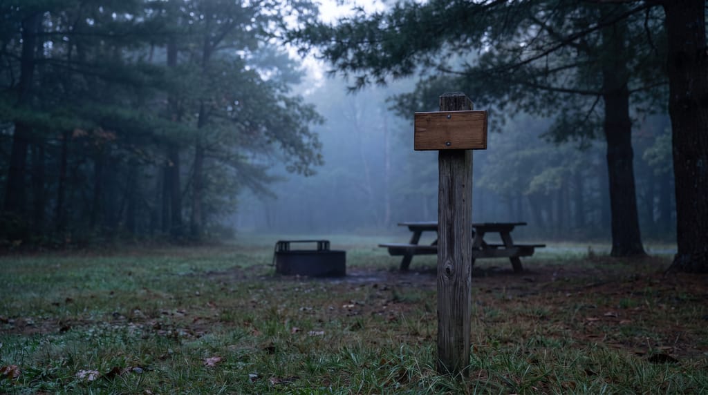 A campsite marker post with a blank board at its top, a fire ring and a picnic table behind it in morning mist between the trees.
