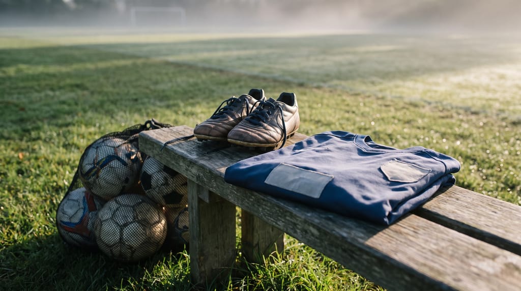 A pair of small football boots and a folded youth jersey on a bench beside a pitch at morning, a mesh bag of balls behind.