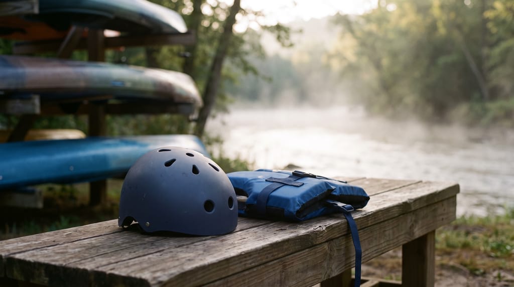 A small paddling helmet and a child-sized life jacket on a timber table beside a rack of canoes at a river launch, mist on the water.