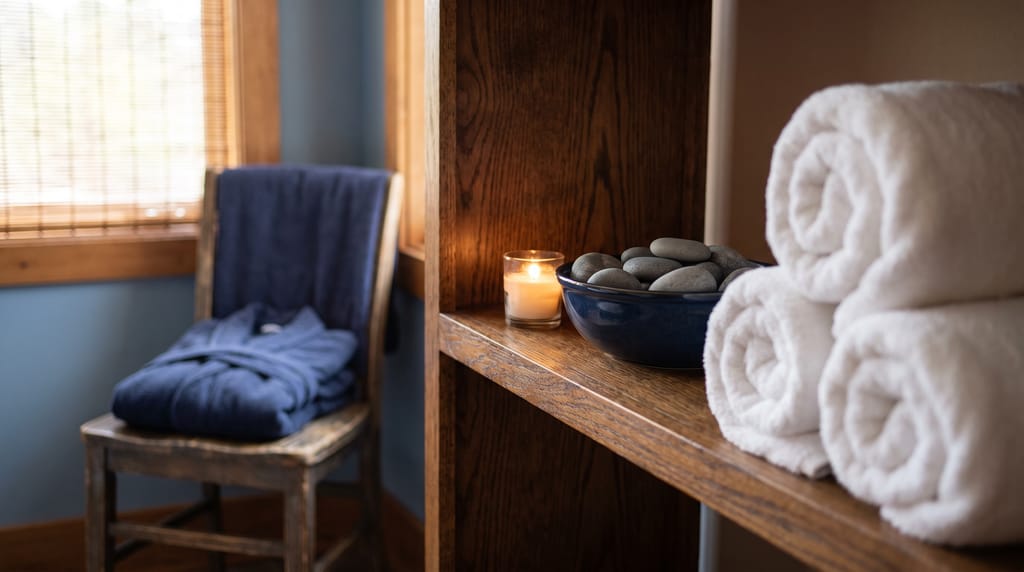 Rolled white towels, a bowl of stones and a lit candle on a warm wood shelf in a quiet treatment room, a folded robe on the chair.
