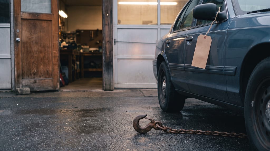 A tow hook and chain resting on wet asphalt beside a car's front wheel, a blank paper tag on the mirror, the shop bay door open behind.