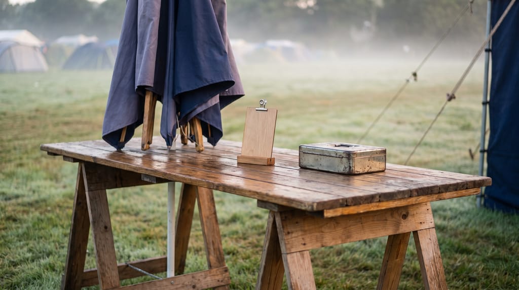 An empty market stall before opening: a trestle table, a folded canopy, a blank card holder and a cash tin, mist over the festival field.