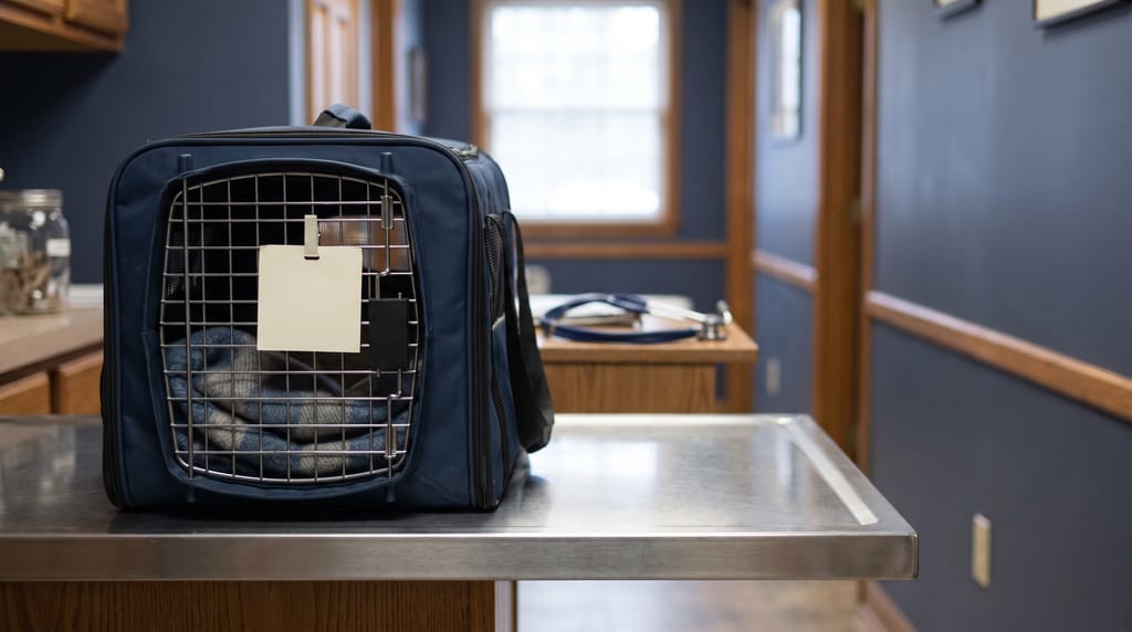 A pet carrier on a steel table in a clinic corridor with a blank card clipped to its door, a stethoscope on the counter behind.