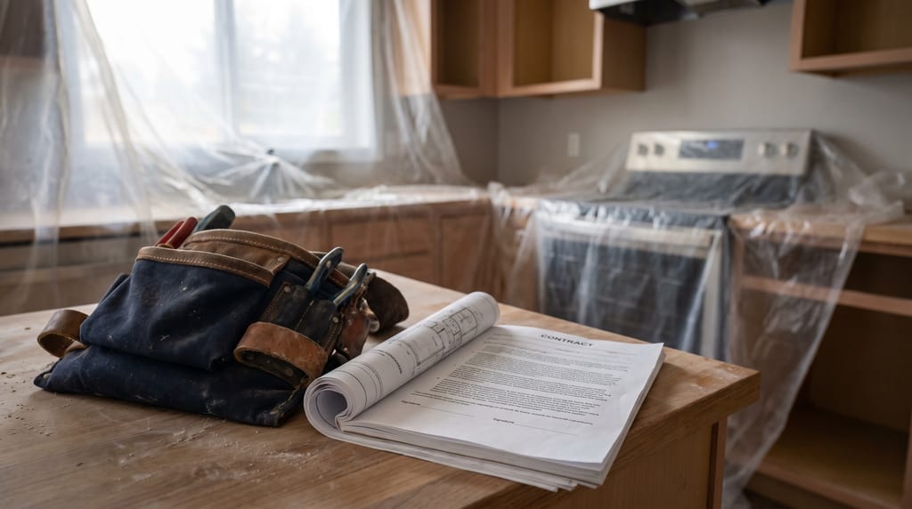 A tool belt and a folded set of printed pages on a kitchen counter in a house mid-renovation, dust sheets over the cabinets.