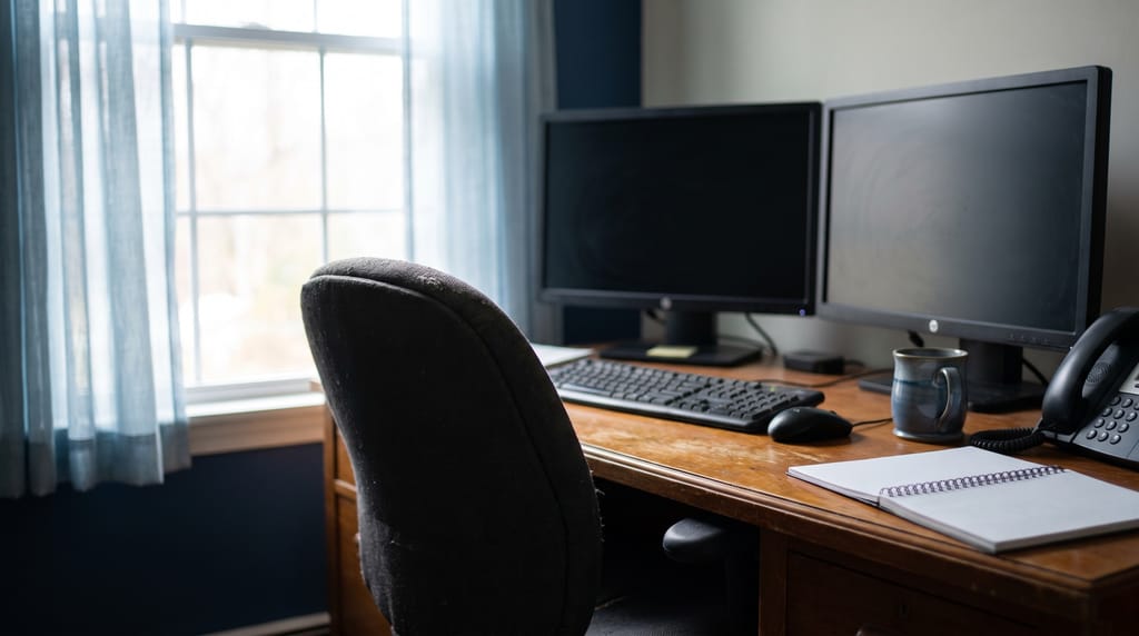 A small back-office desk photographed from behind the chair: two monitors both switched off and black, a keyboard, a mug, a desk phone and a spiral notebook, daylight from a window.