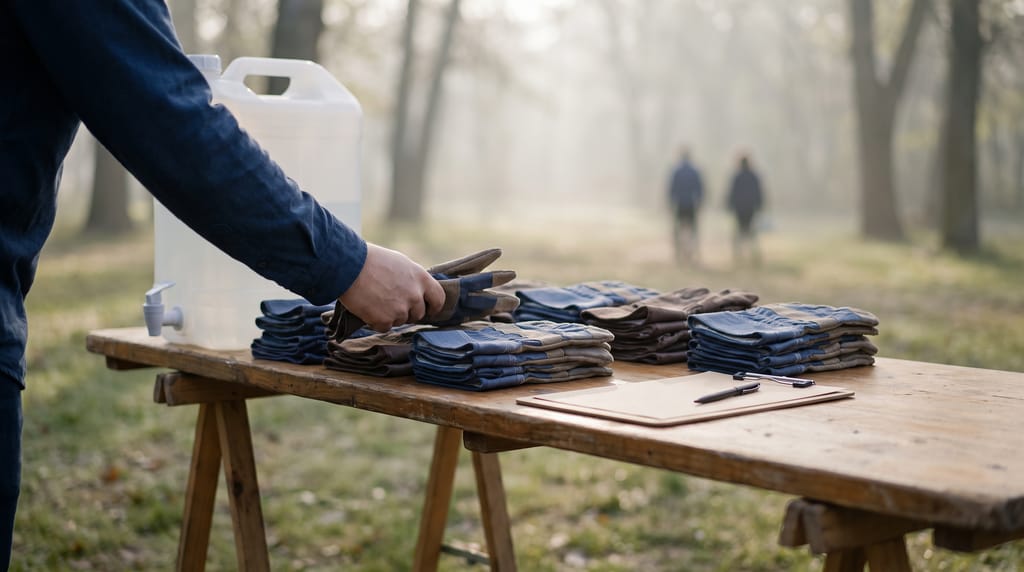 A trestle table in a park with neat stacks of work gloves, a water cooler and a blank clipboard, one person's hands reaching in to take a pair, two figures small and out of focus in the mist beyond.