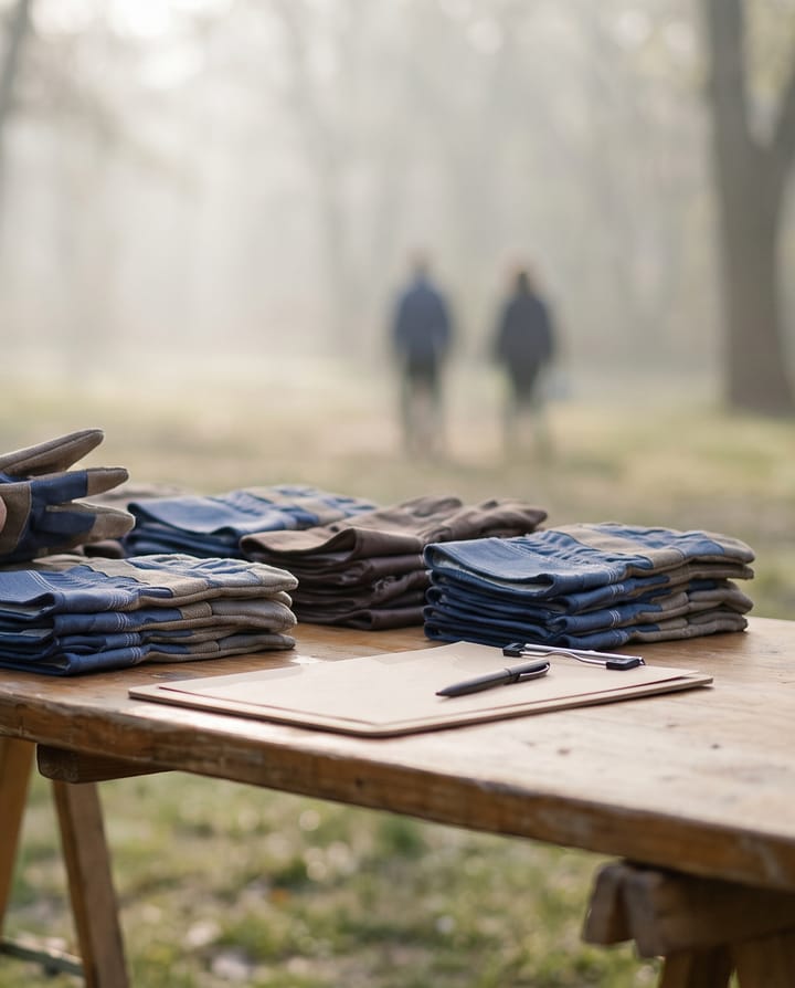 A trestle table in a park with neat stacks of work gloves, a water cooler and a blank clipboard, one person's hands reaching in to take a pair, two figures small and out of focus in the mist beyond.