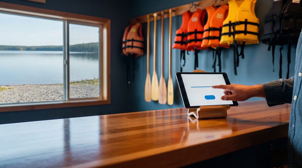 A tablet on a wooden stand on an outfitter's counter showing a blank signature line and one button, a customer's hand reaching to sign, a stylus beside it, life jackets and paddles out of focus on the wall behind.