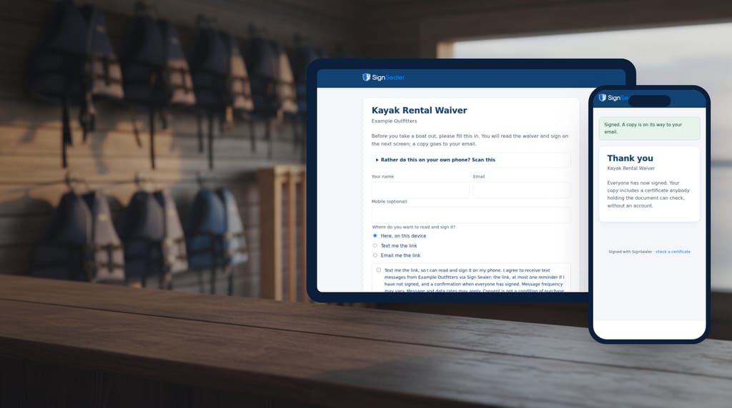 On a rental-shop counter with life jackets behind, a tablet showing the SignSealer public form for a kayak rental waiver and, beside it, a phone on the page a signer sees after signing: Thank you, a copy on its way.