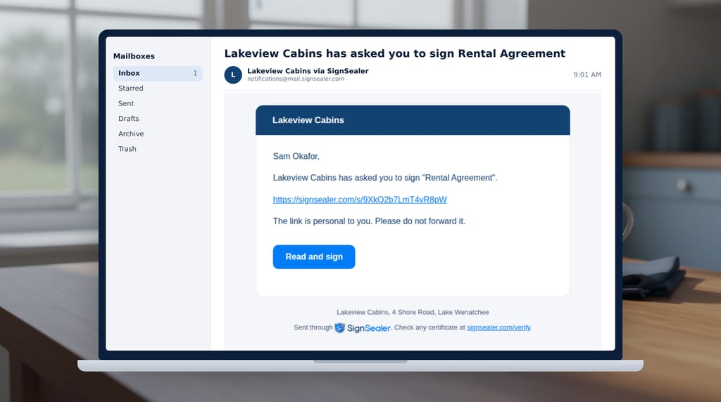 A laptop on a kitchen table showing an email from Lakeview Cabins via SignSealer asking Sam Okafor to sign a rental agreement, with a Read and sign button.