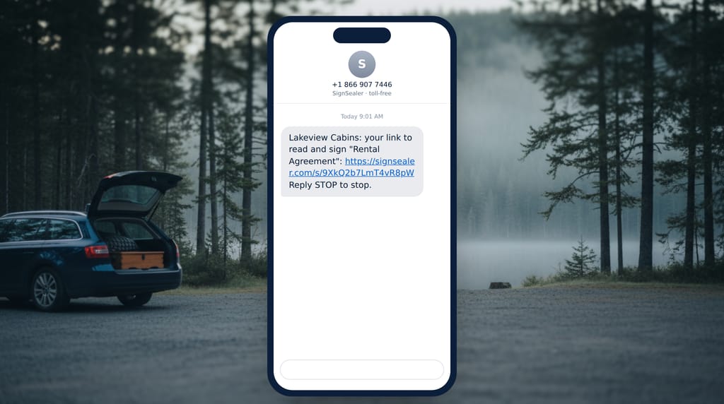 A phone in a trailhead car park showing a text message from SignSealer's toll-free number: it leads with Sign Sealer, carries Lakeview Cabins' link to read and sign a rental agreement, and ends with Reply STOP to opt out and Reply HELP for help.