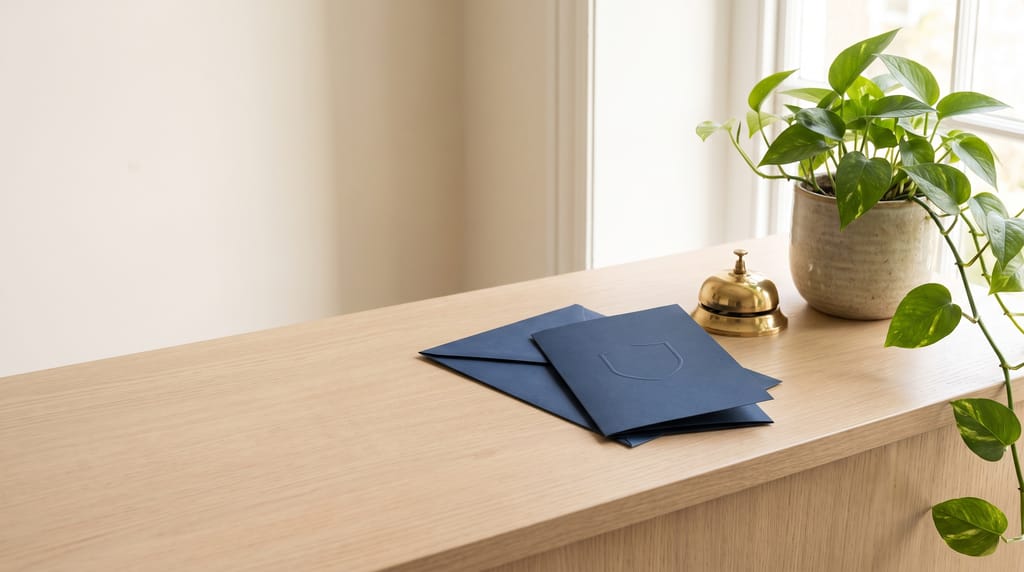 A navy envelope and a navy folder blind-embossed with a plain shield on a pale oak reception desk, beside a brass service bell and a trailing plant in a window.